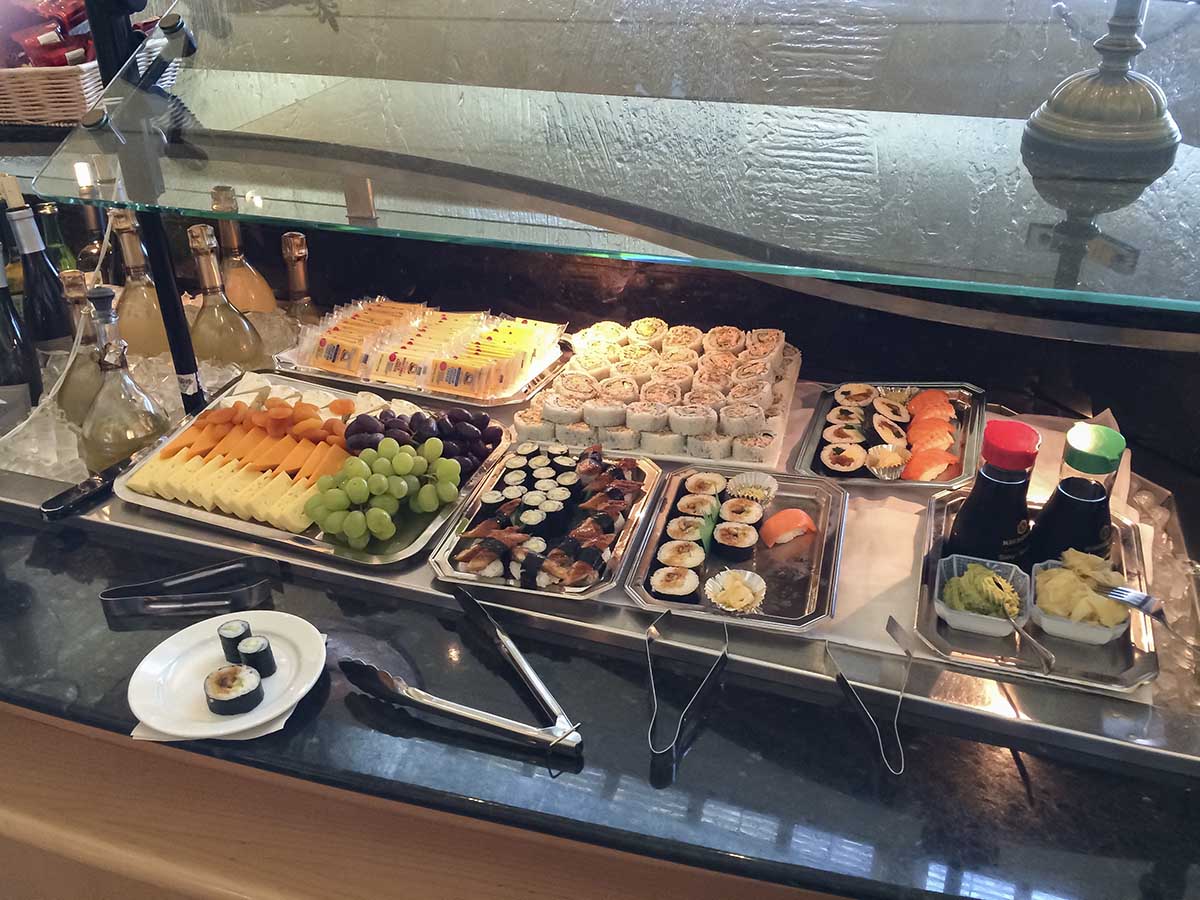 Food items in the United Airlines global first lounge SFO