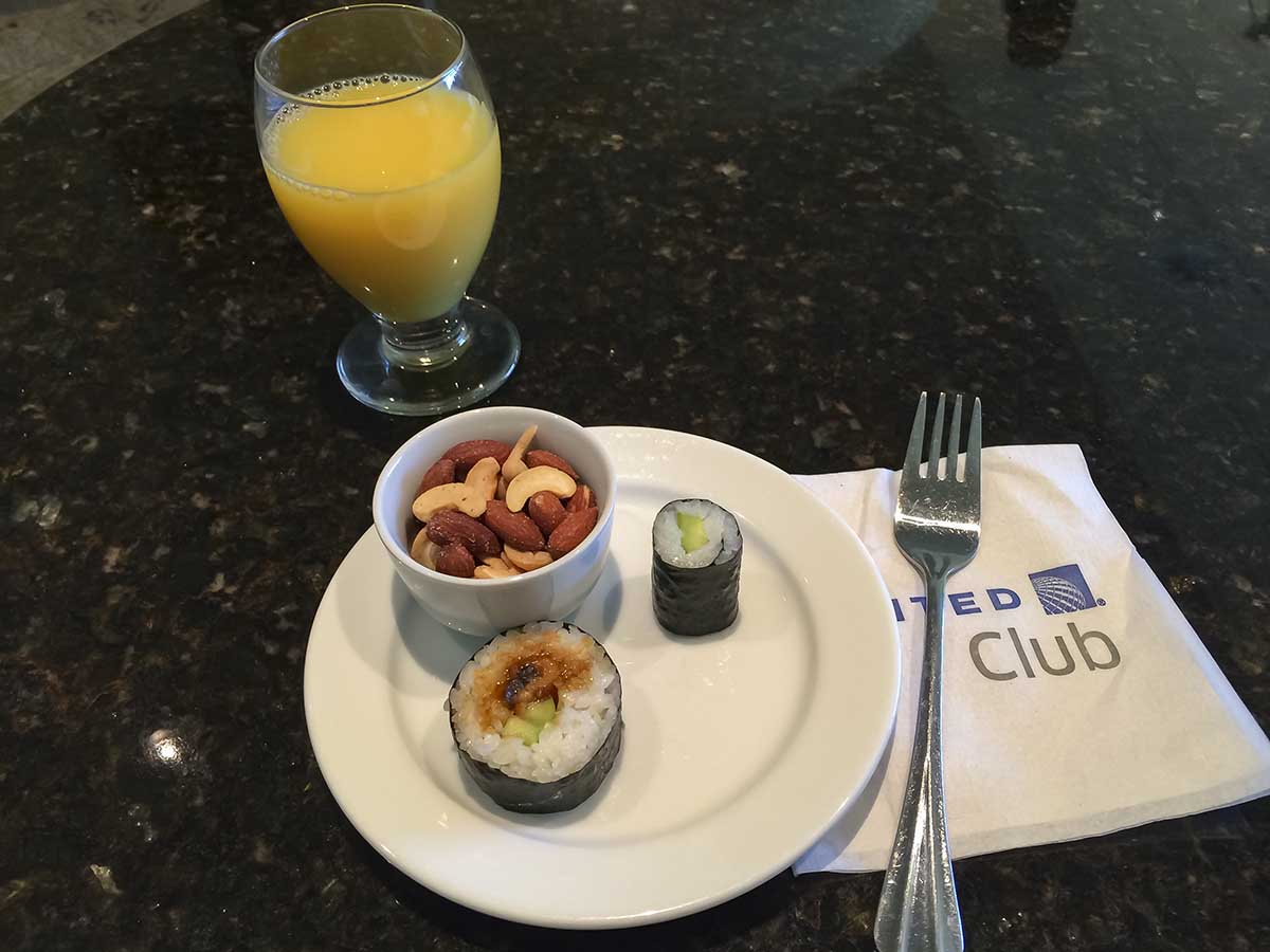 Snack plate in the United Airlines global first lounge SFO