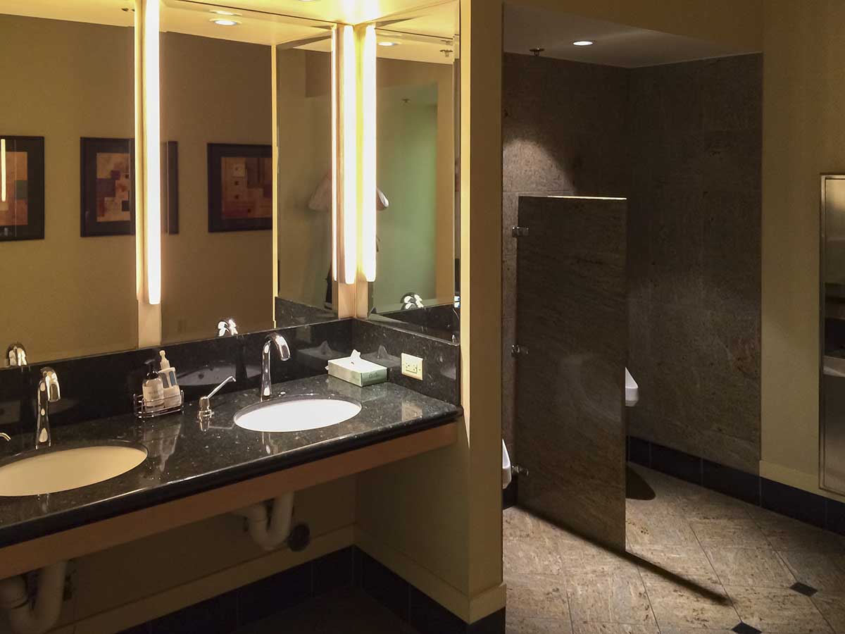 Men's room in the United Airlines global first lounge SFO