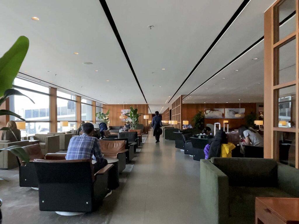 Different seating types in the main room of the Cathay Pacific The Pier Lounge Hong Kong