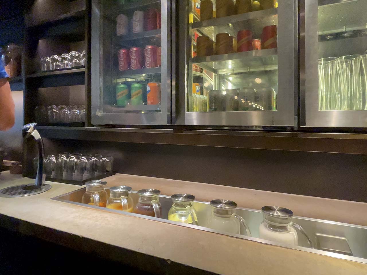 Self serve nonalcoholic drinks in the Cathay Pacific The Pier Lounge Hong Kong