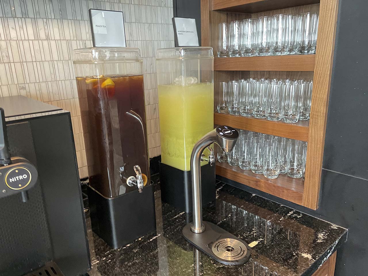 Fresh juice and iced tea in the SLC Amex Lounge